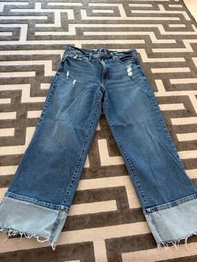 Women’s Dark Blue Wide-Leg Cuffed Distressed Jeans